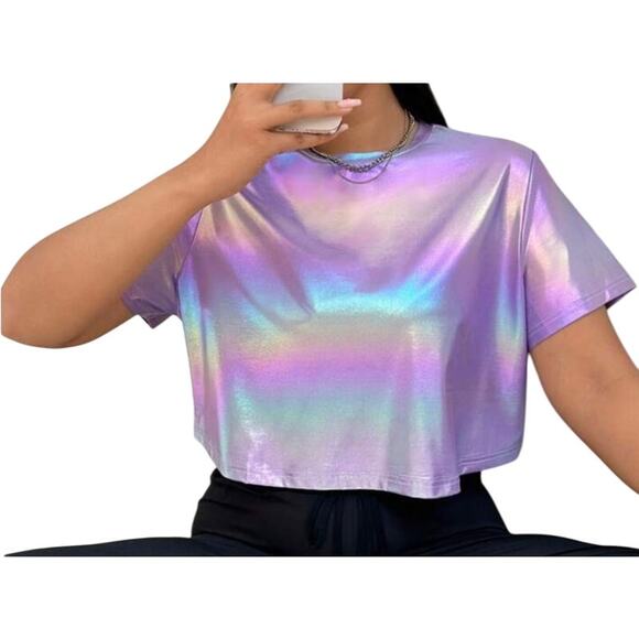 Shein Women's Large Multicolor Pu Coat Holographic Round Neck Short Sleeve Tee - Picture 1 of 5